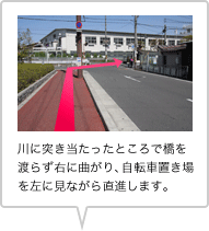川に突き当たったところで橋を渡らず右に曲がり、自転車置き場を左に見ながら直進します。