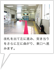 改札前をそのまま直進して突き当りを左に曲がり、東口へ進みます。