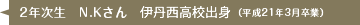 2年次生　N.Kさん　伊丹西高等学校出身 （平成21年3月卒業）